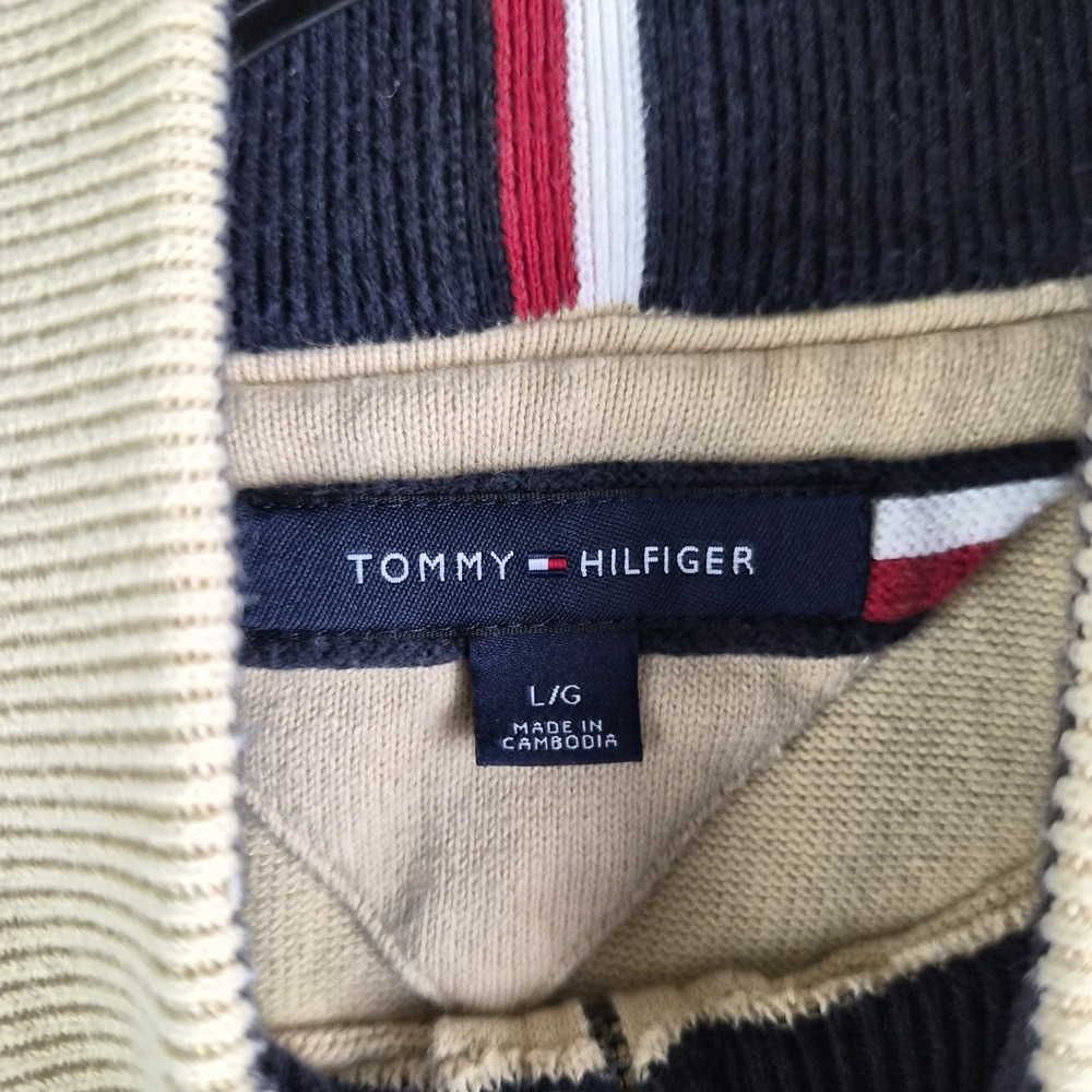 Tommy Hilfiger Sweater Mens Large Beige Knit 1/4 Zip Mock Neck Logo Pullover - Picture 8 of 11